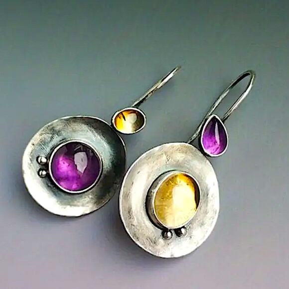Tribal Silver with Purple, Citrine Stone Dangle Earrings Vintage Bohemian Boho - Picture 2 of 2